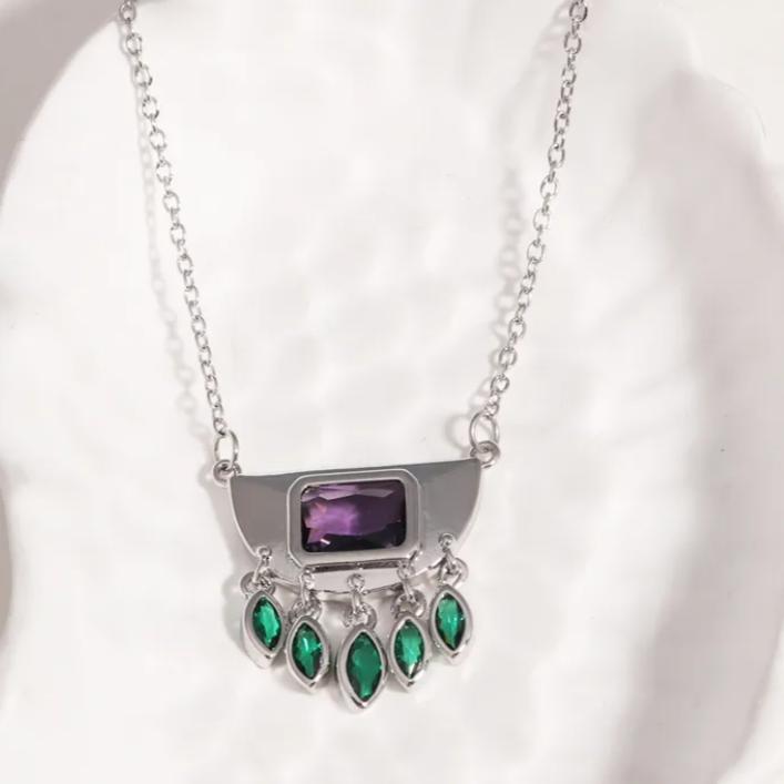 Collar Circonita Morada y Verde en Acero Inoxidable Plateado