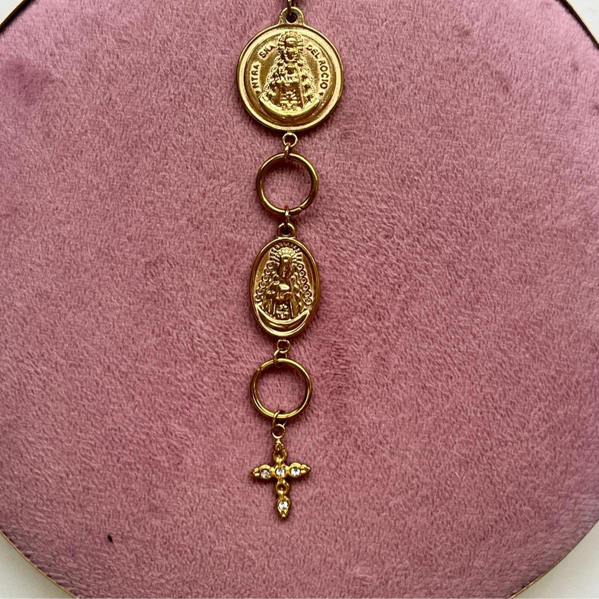 Collar Medallas de Vírgen del Rocío con Cruces Dorado de Acero Inoxidable para Oración