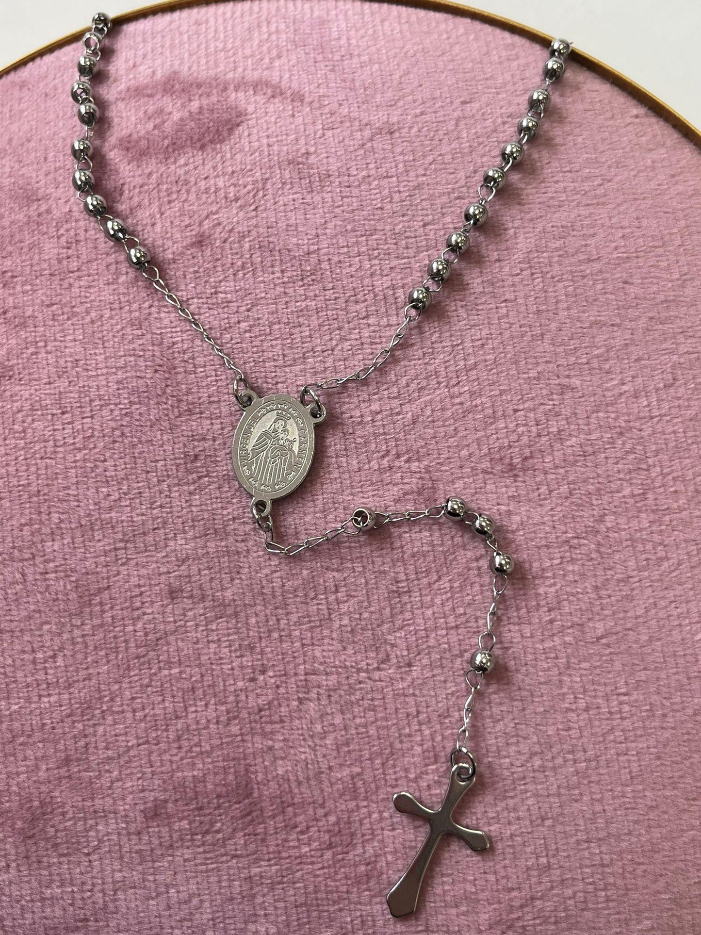 Collar Rosario Plateado Vírgen o Santos en Acero Inoxidable