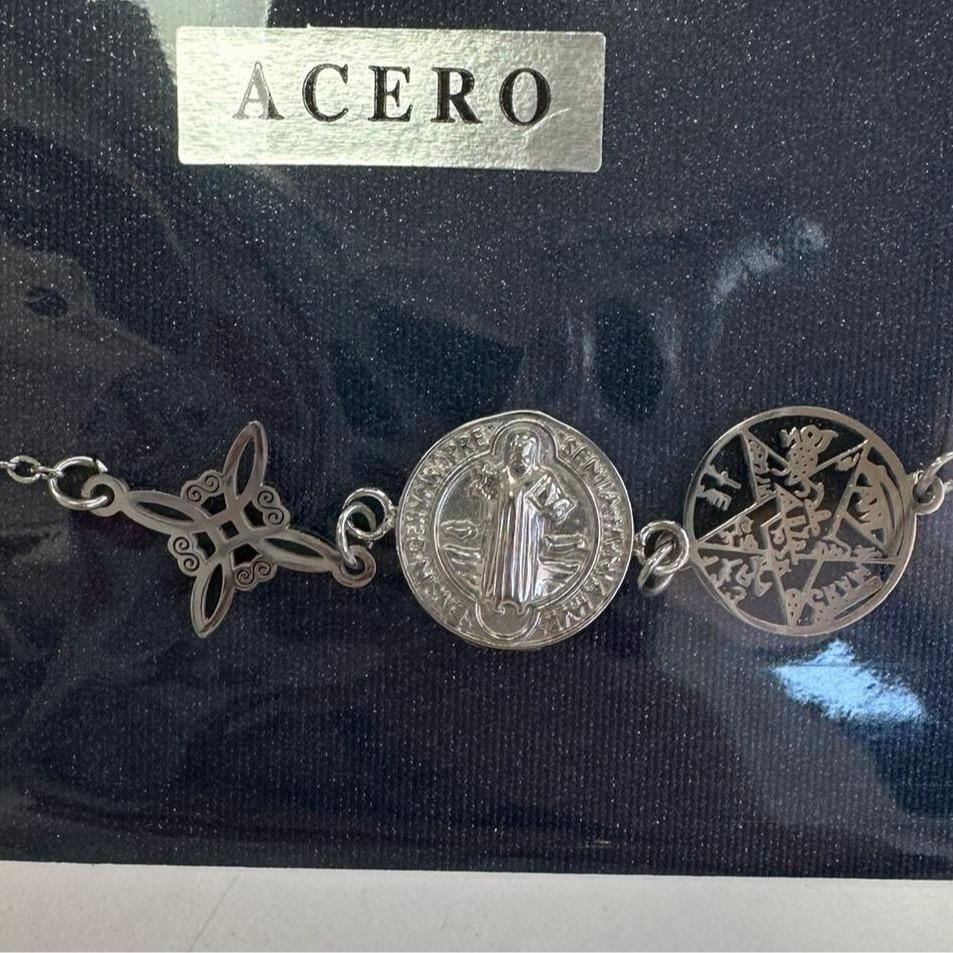 Pulsera Triple Protección San Benito De Acero Inoxidable