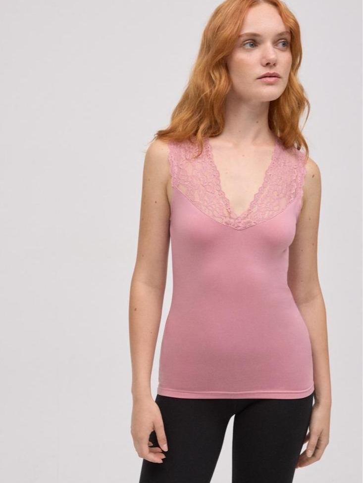 Camiseta Térmica Rosa sin Mangas Encaje