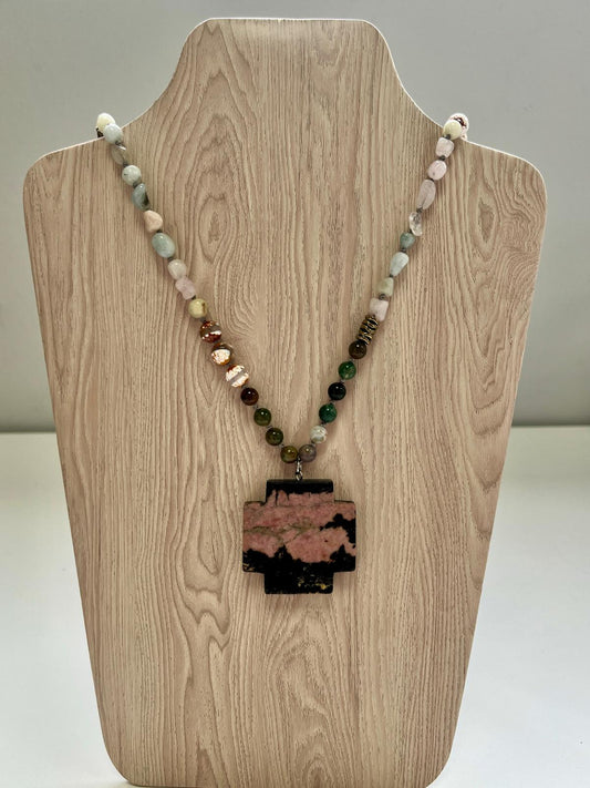 Collar Largo de Piedras de Colores con dije de Piedra Grande en Plateado - Acero Inoxidable