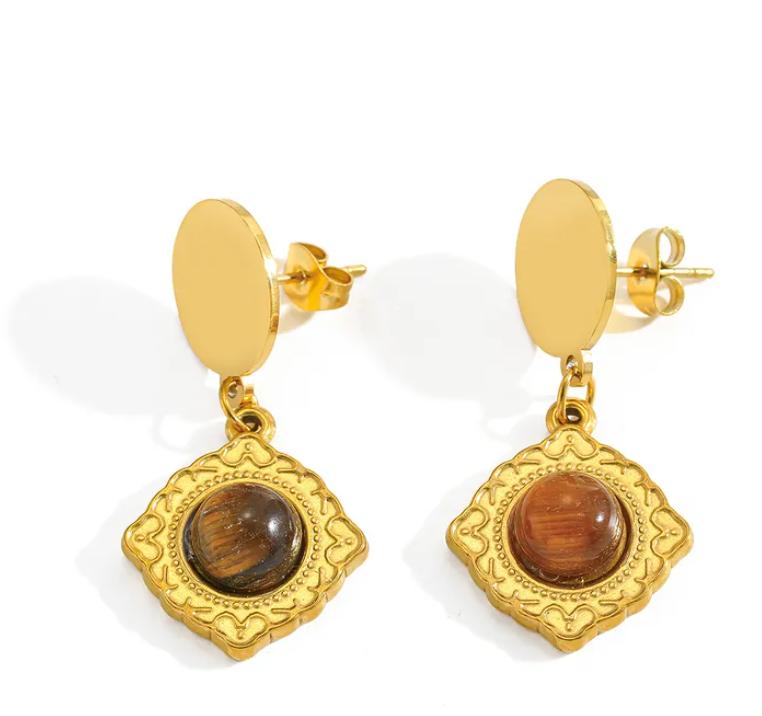 Conjunto Ojo de Tigre en Dorado Pendientes y Collar - Acero Inoxidable