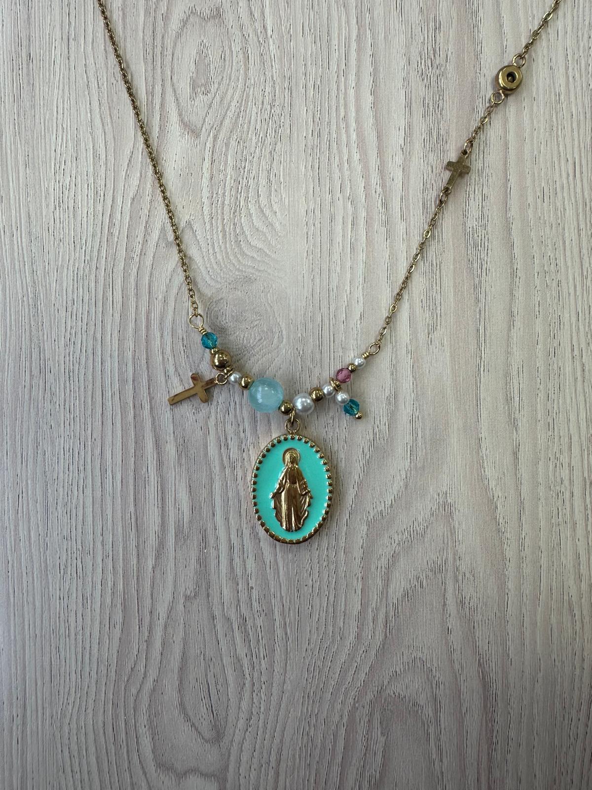 Collar Virgen Milagrosa con Cuentas de Colores - Acero Inoxidable