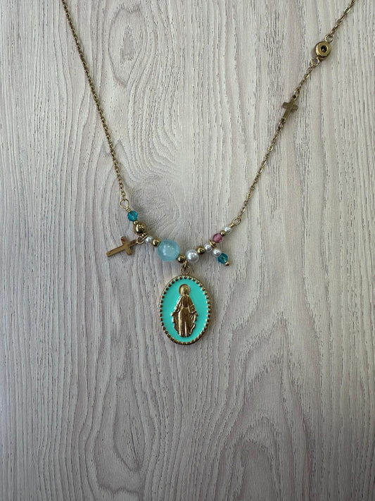Collar Virgen Milagrosa con Cuentas de Colores - Acero Inoxidable