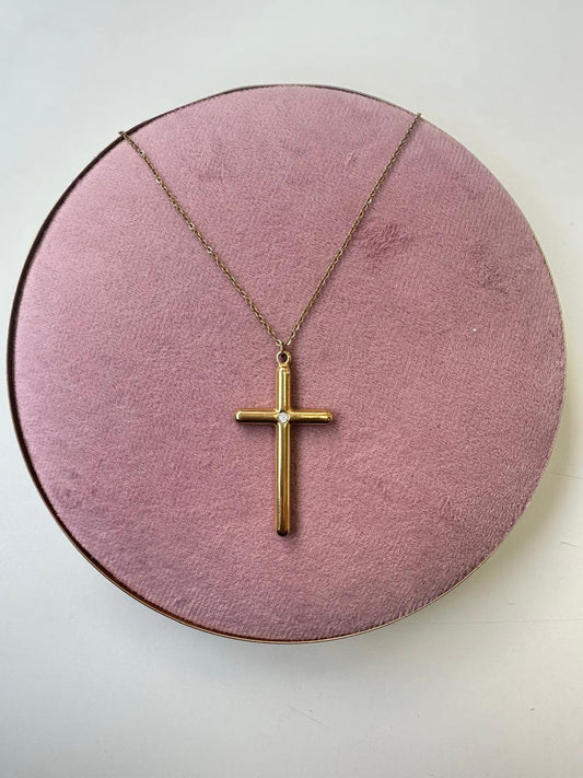 Collar Cruz con Circonita Central - Acero Inoxidable