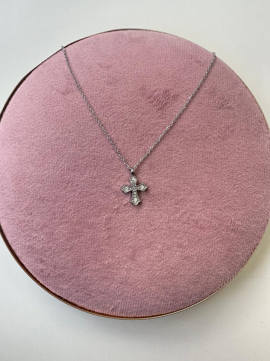 Collar Cruz con Brillos y Circonitas - Acero Inoxidable