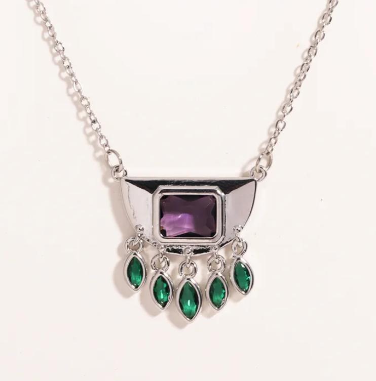 Collar Circonita Morada y Verde en Acero Inoxidable Plateado