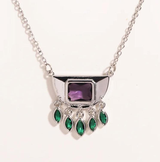 Collar Circonita Morada y Verde en Acero Inoxidable Plateado