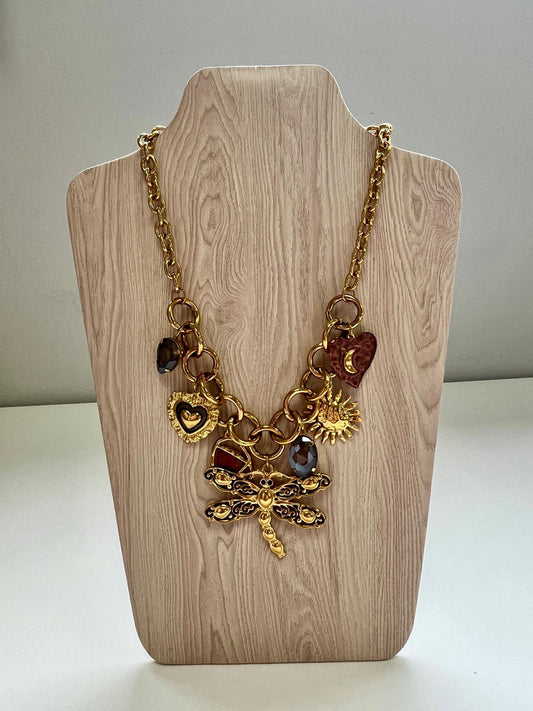 Collar Libélula con Charms en Dorado - Acero Inoxidable