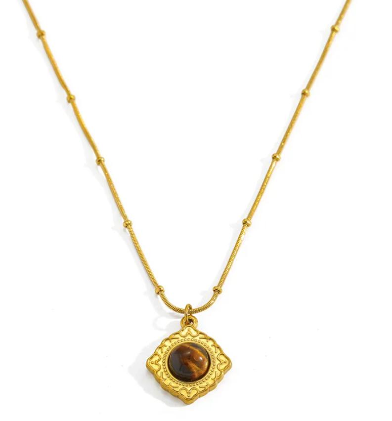 Conjunto Ojo de Tigre en Dorado Pendientes y Collar - Acero Inoxidable